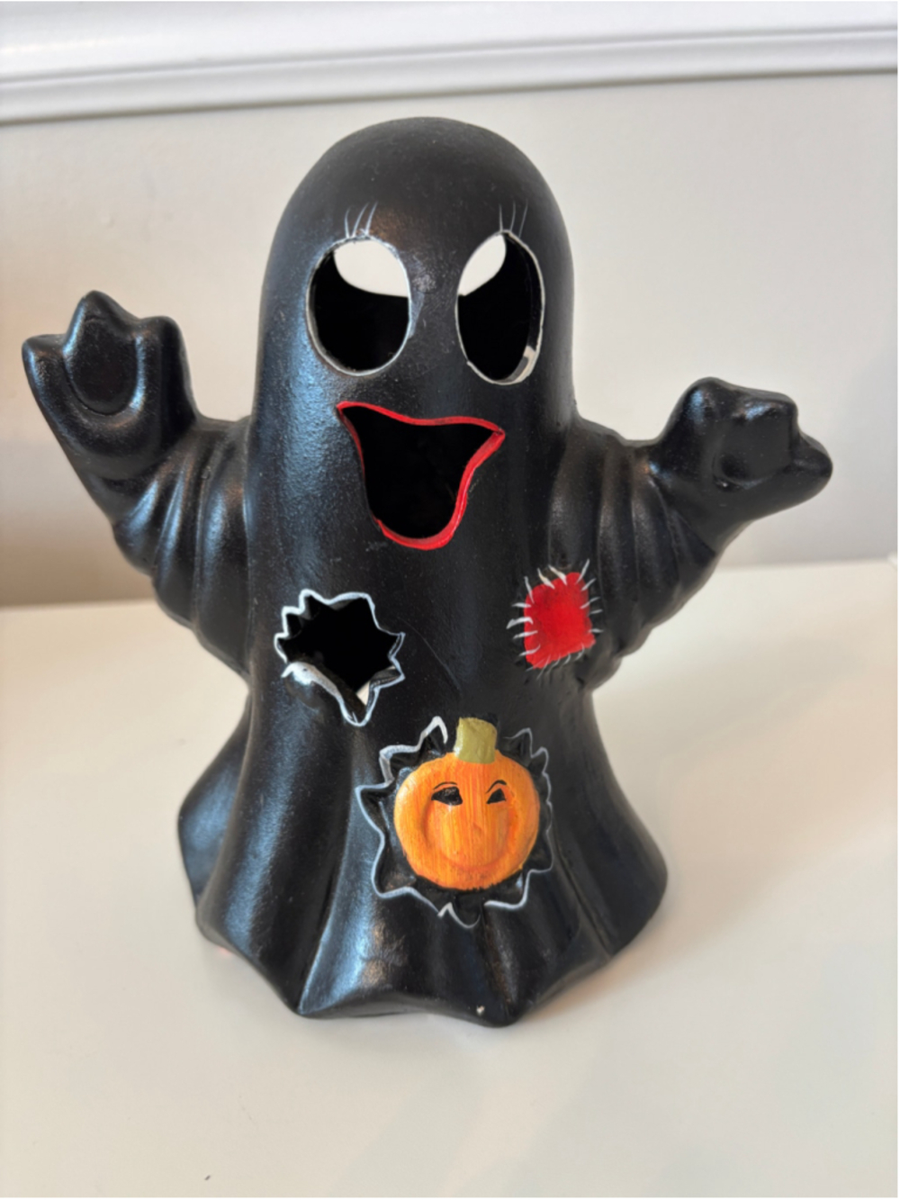 Vintage Y2K Ceramic Halloween Ghost Candle Holder Black Orange Spooky